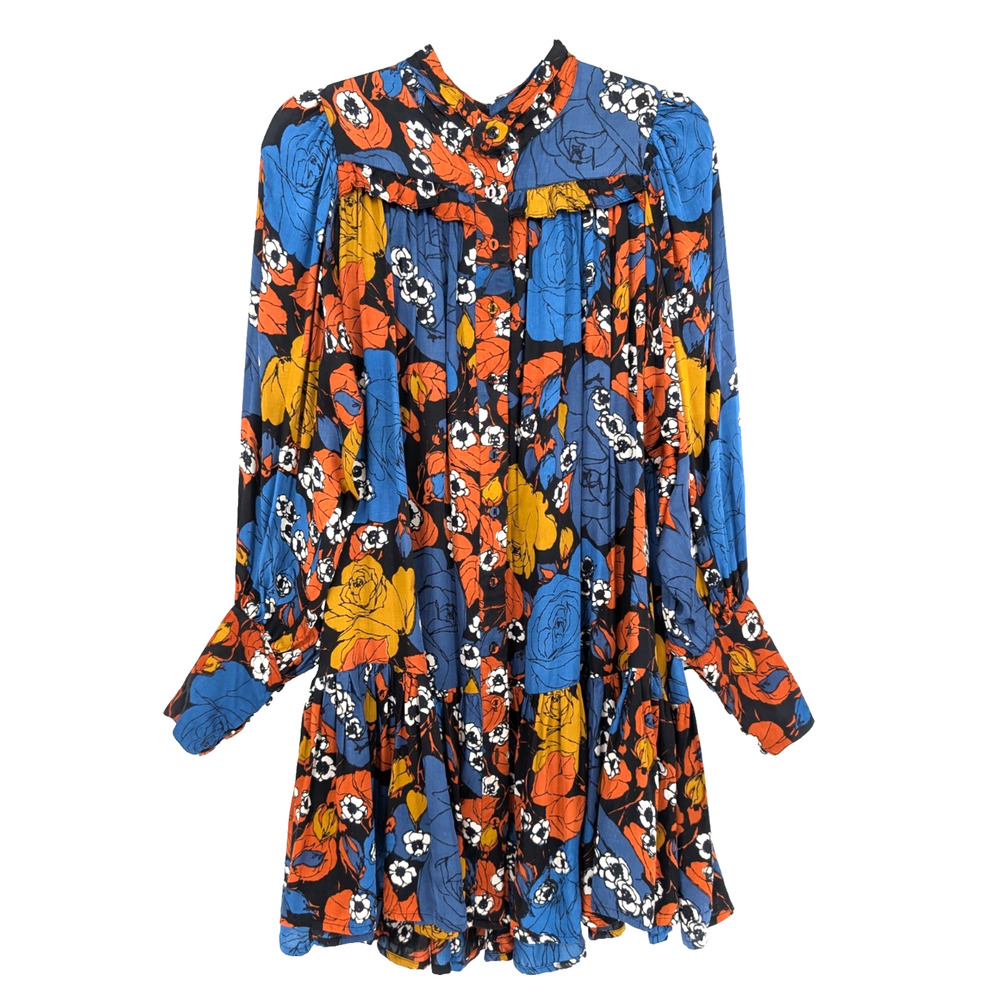 Cleobella Floral Mini Dress Womens XS Blue Orange Ruffle Tiered Boho Festival - Picture 5 of 15
